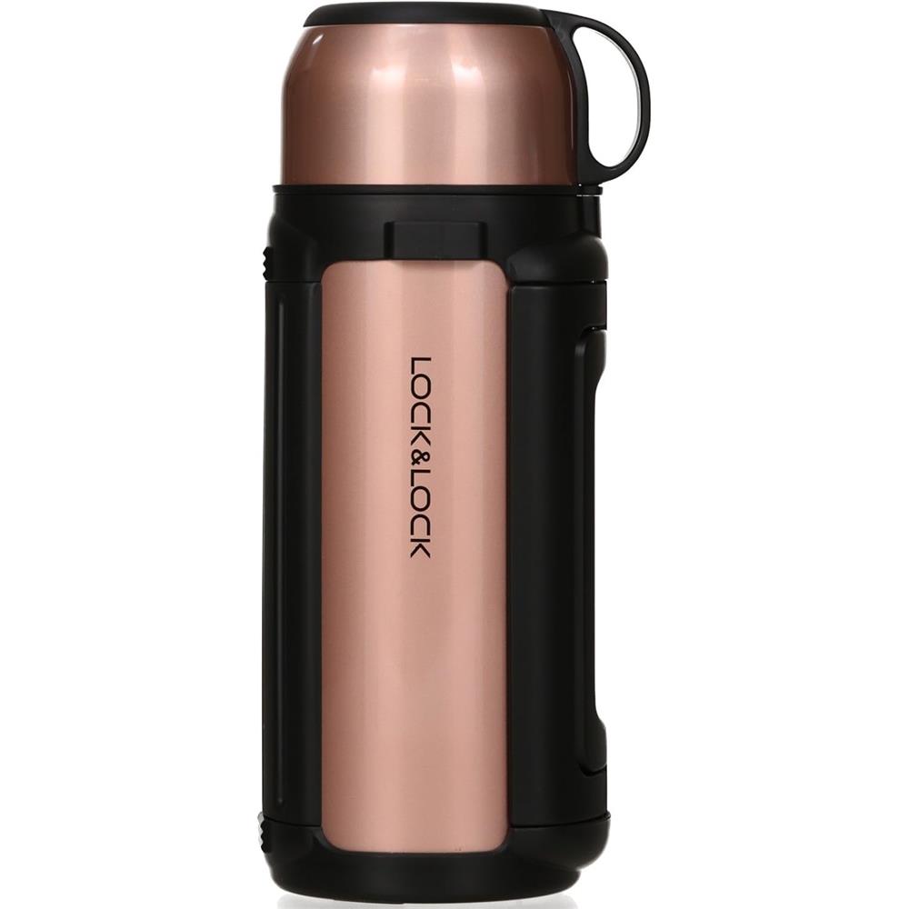 LocknLock Isolierkanne 1,5 L Rosegold - Thermoskanne Edelstahl mit Becher & Tragegurt