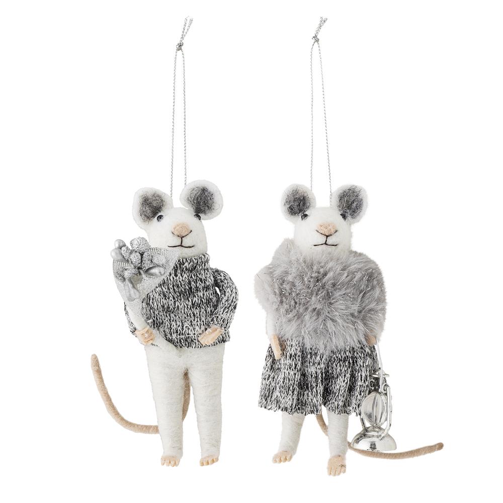Bloomingville Peo Mäuse Anhänger, Grau, Wollfiguren 2er Set Weihnachtsdeko