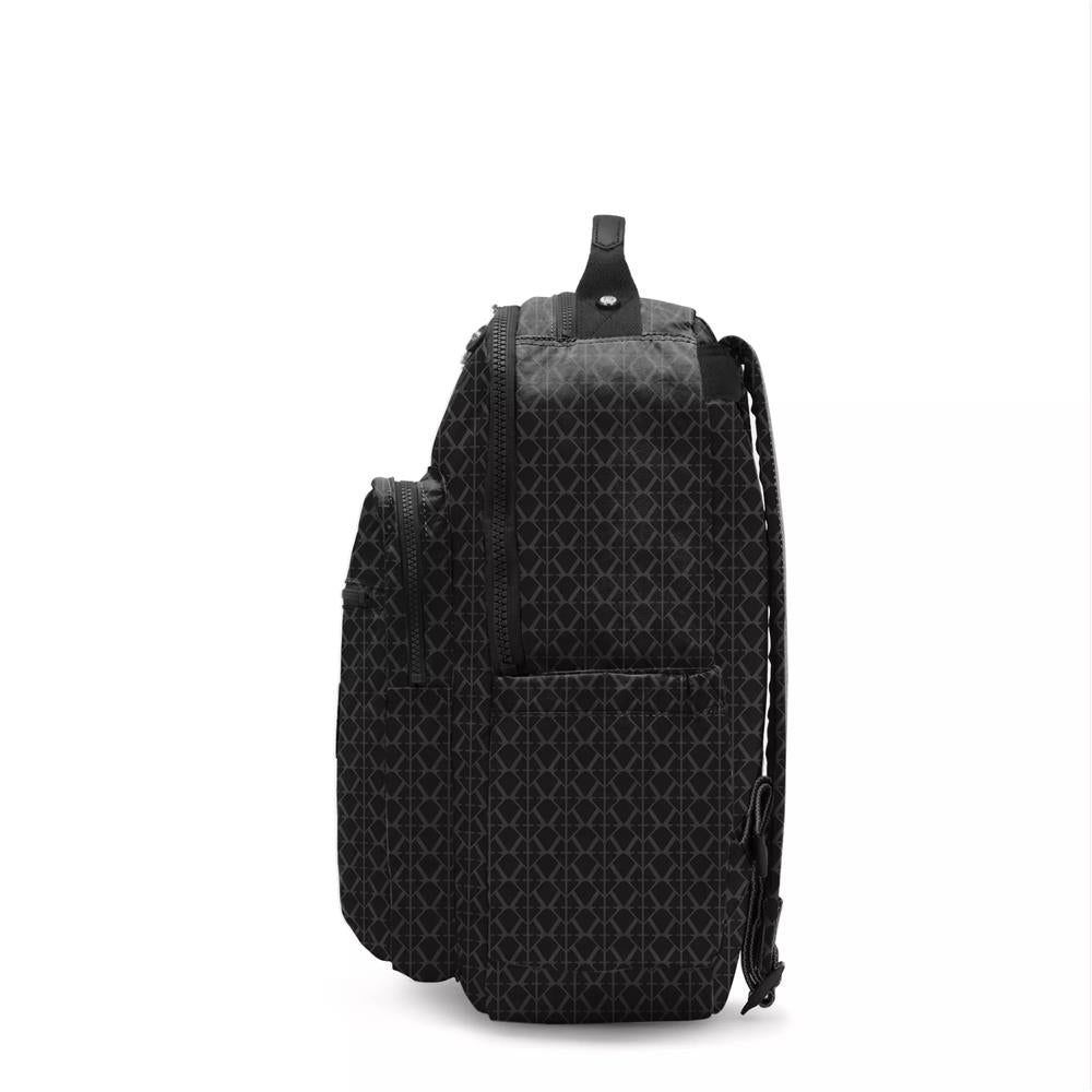 Kipling SEOUL L, Großer Schulrucksack mit 15-Zoll-Laptopfach, 27L, Signature Emb (schwarz)