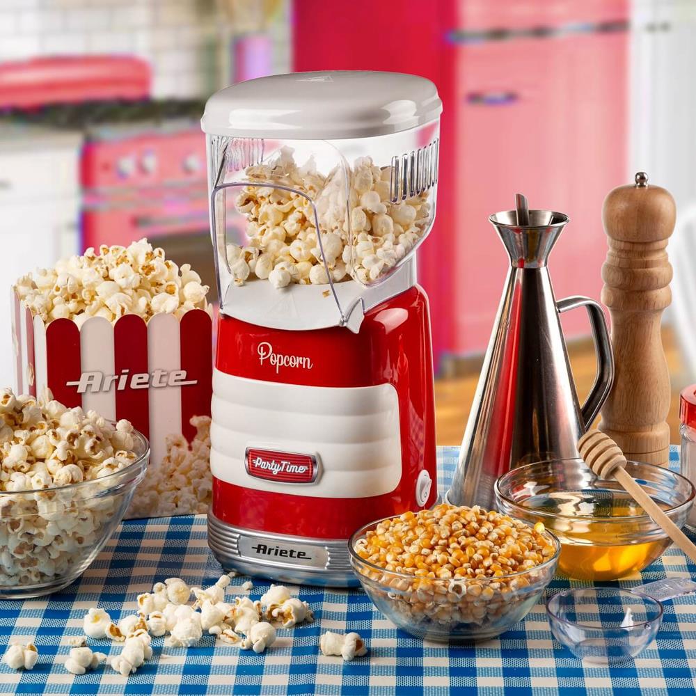 Ariete Party Time Popcorn Maker, Rot, Popcornmaschine Heißluft, Retro-Design, 50er Jahre-Stil