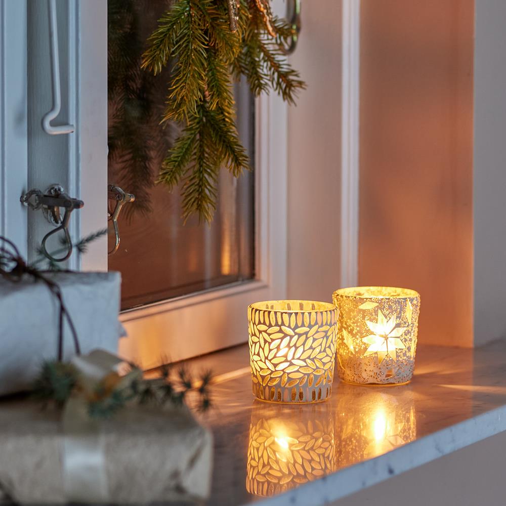Bloomingville Myr Windlichter, Weiß, Glas 2er Set Teelichthalter mit Blattmotiv