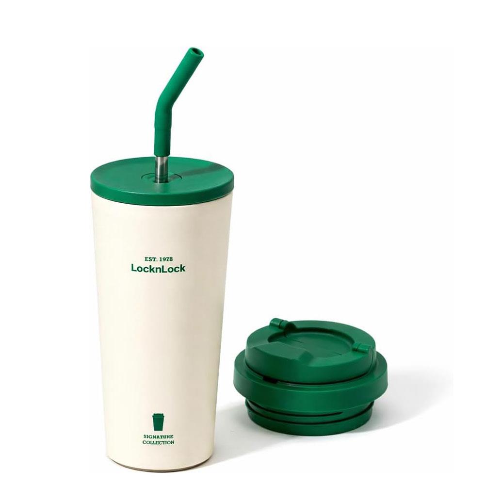 LocknLock Thermobecher 550 ml Grün-Weiß - Isolierbecher To Go mit Strohhalm & One-Touch Deckel