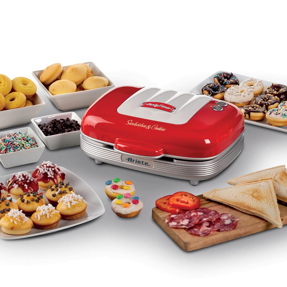 Ariete Party Time 3in1 Snack Maker, Rot, Donuts, Sandwiches, Cookies, Retro-Design, 50er Jahre-Stil
