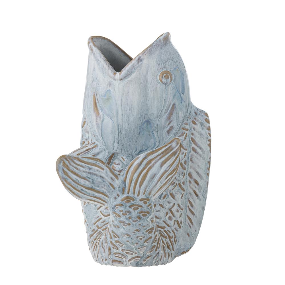 Bloomingville Hiro Vase Blau Steingut Fischform Landhausstil 21cm