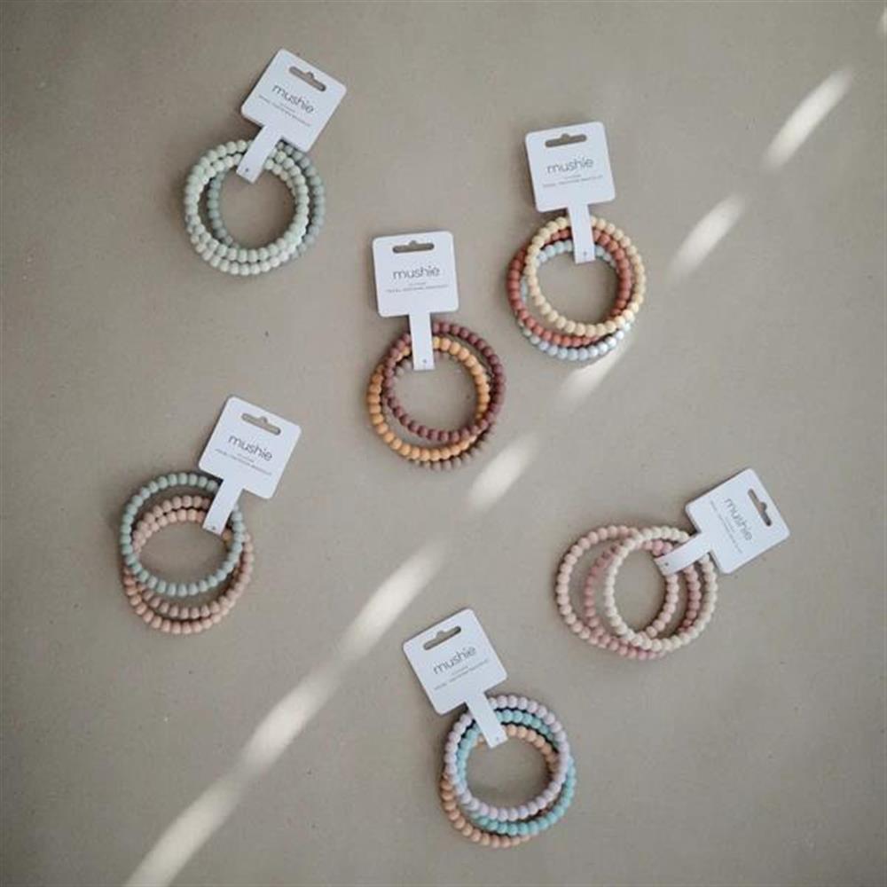 Mushie Beißring Perlen 3er Set, Lilac/Cyan/Soft Peach, Armband aus Silikon, BPA-frei