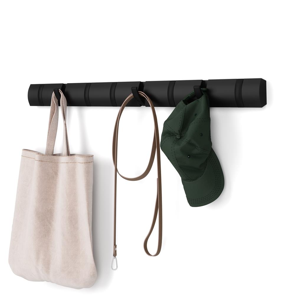 Umbra Flip Wandgarderobe, Garderobenleiste in Schwarz, mit 8 beweglichen Haken in Schwarz