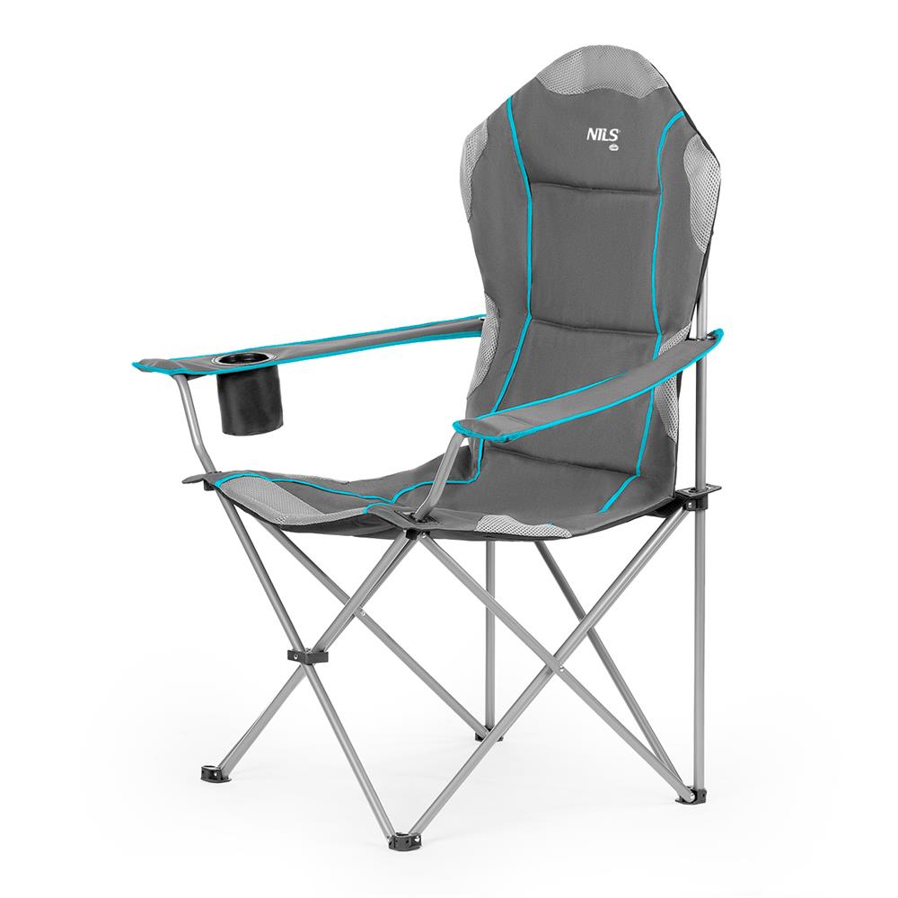 NILS CAMP Campingstuhl Hellgrau-Blau - großer gepolsterter Klappstuhl mit Armlehnen für Camping & Garten