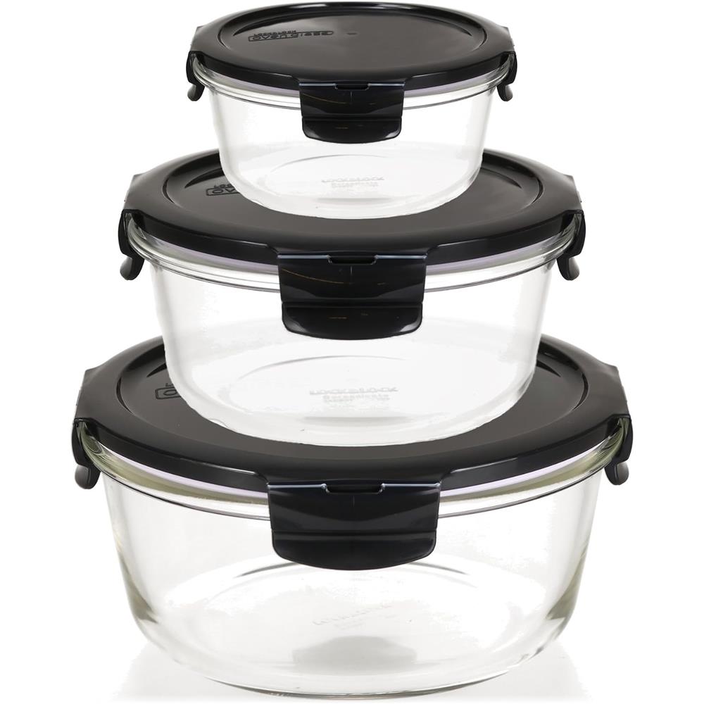LocknLock Glas Frischhaltedosen 3er Set 130 ml, 650 ml, 950 ml - Ofenform mit Deckel, mikrowellengeeignet, auslaufsicher