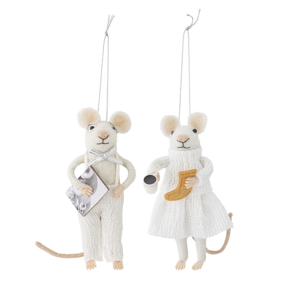 Bloomingville Peo Mäuse Anhänger, Weiß, Wollfiguren 2er Set Weihnachtsdeko