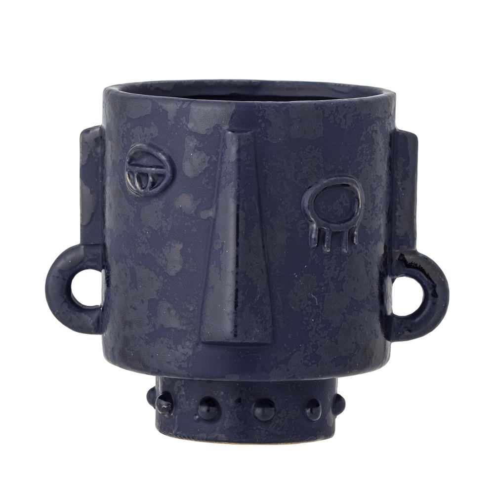 Bloomingville Ceejay Blumentopf – Steingut in Blau mit Gesichtsmotiv, 17,5 cm Länge