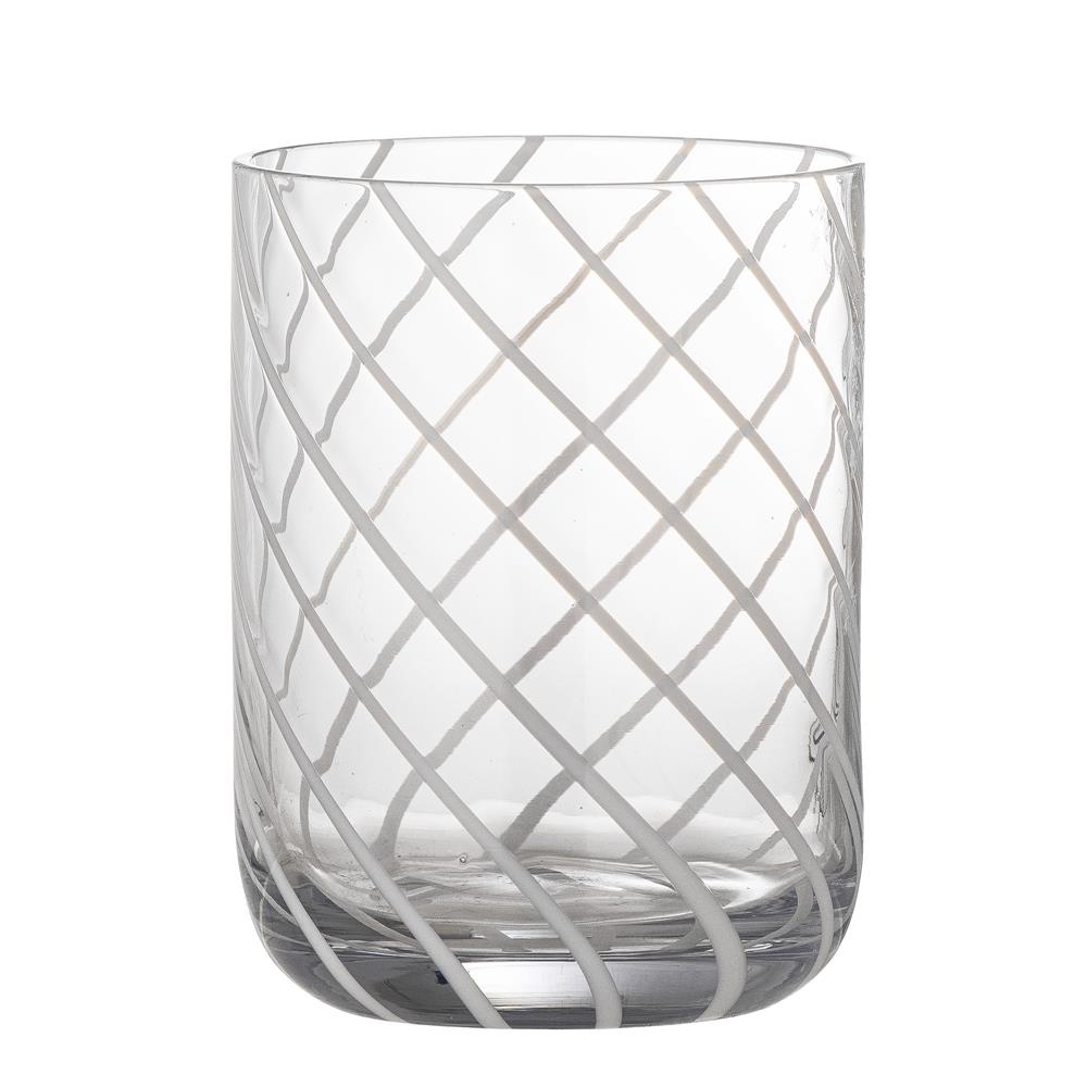Bloomingville Havin Trinkglas, 350 ml, Glas mit weißen Streifenmuster, Karo-Effekt