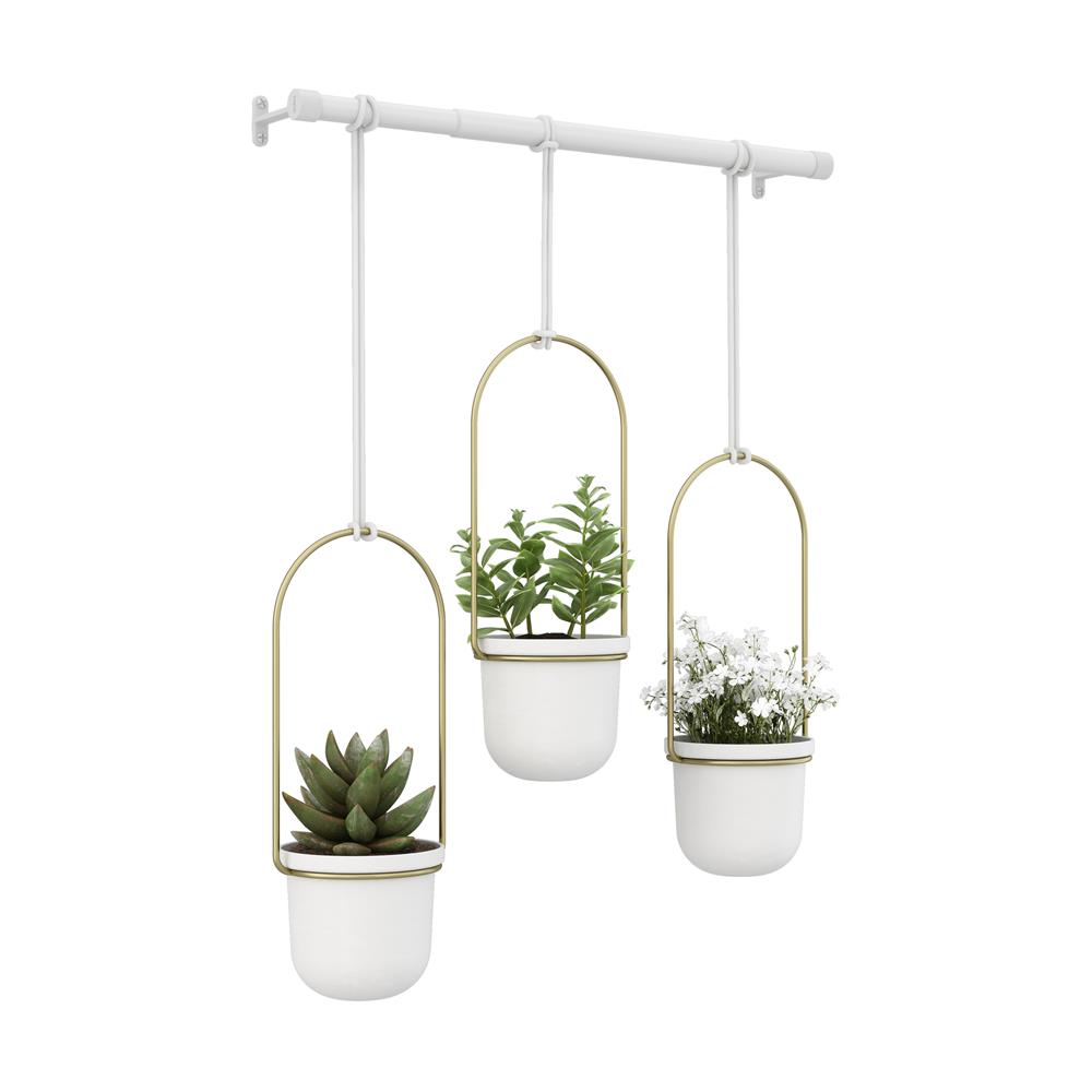 Umbra Triflora Vase Hängeblumentopf Wandvase Blumenampel für Wand und Decke 3er-Set Weiß/Messing