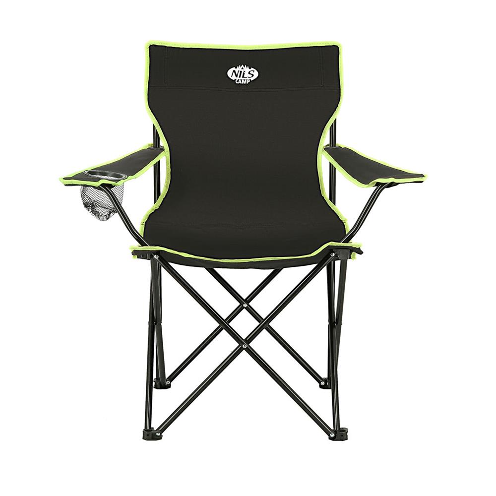 NILS CAMP Campingstuhl Schwarz-Limettengrün - klappbarer Klappstuhl mit Becherhalter für Camping & Garten