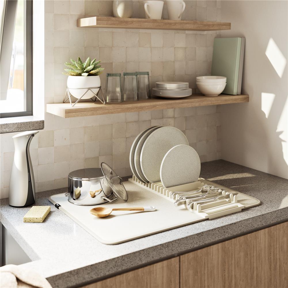Umbra Udry Geschirr Abtropfgestell und Mikrofaser Abtropfmatte, Faltbar, Platzsparend, 61 x 45 cm, in Beige