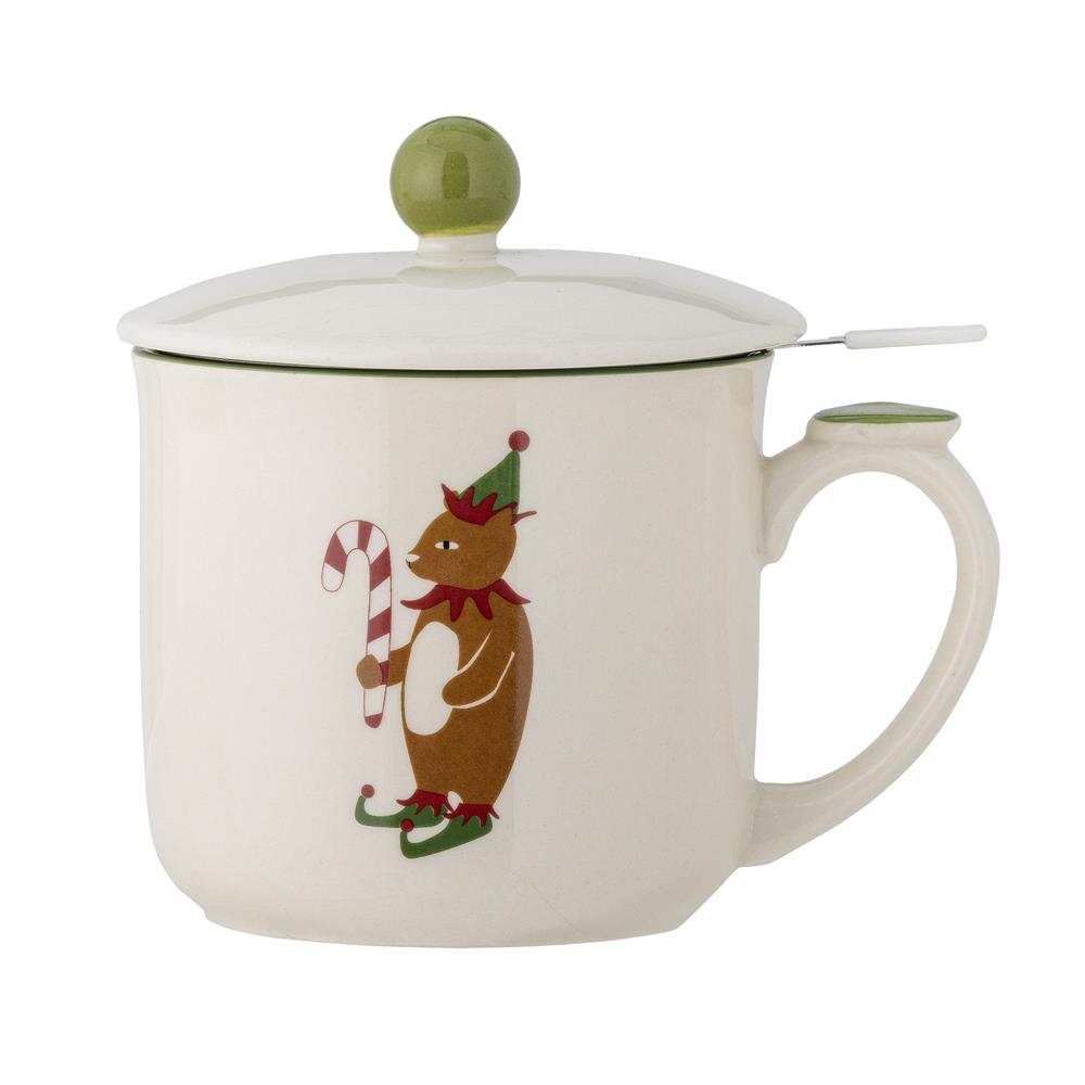 Bloomingville Valentin Tasse mit Deckel und Teesieb – mit Weihnachtsmotiv eines Bären, dänisches Design