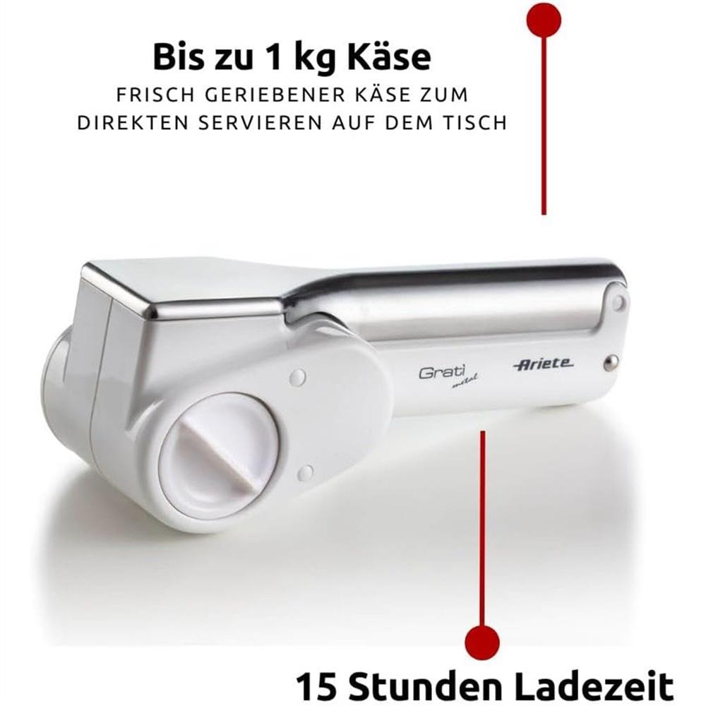 Ariete Gratì Metal Elektrische Reibe, Akku Käsereibe mit 2 Trommeln, für Käse, Schokolade, Nüsse