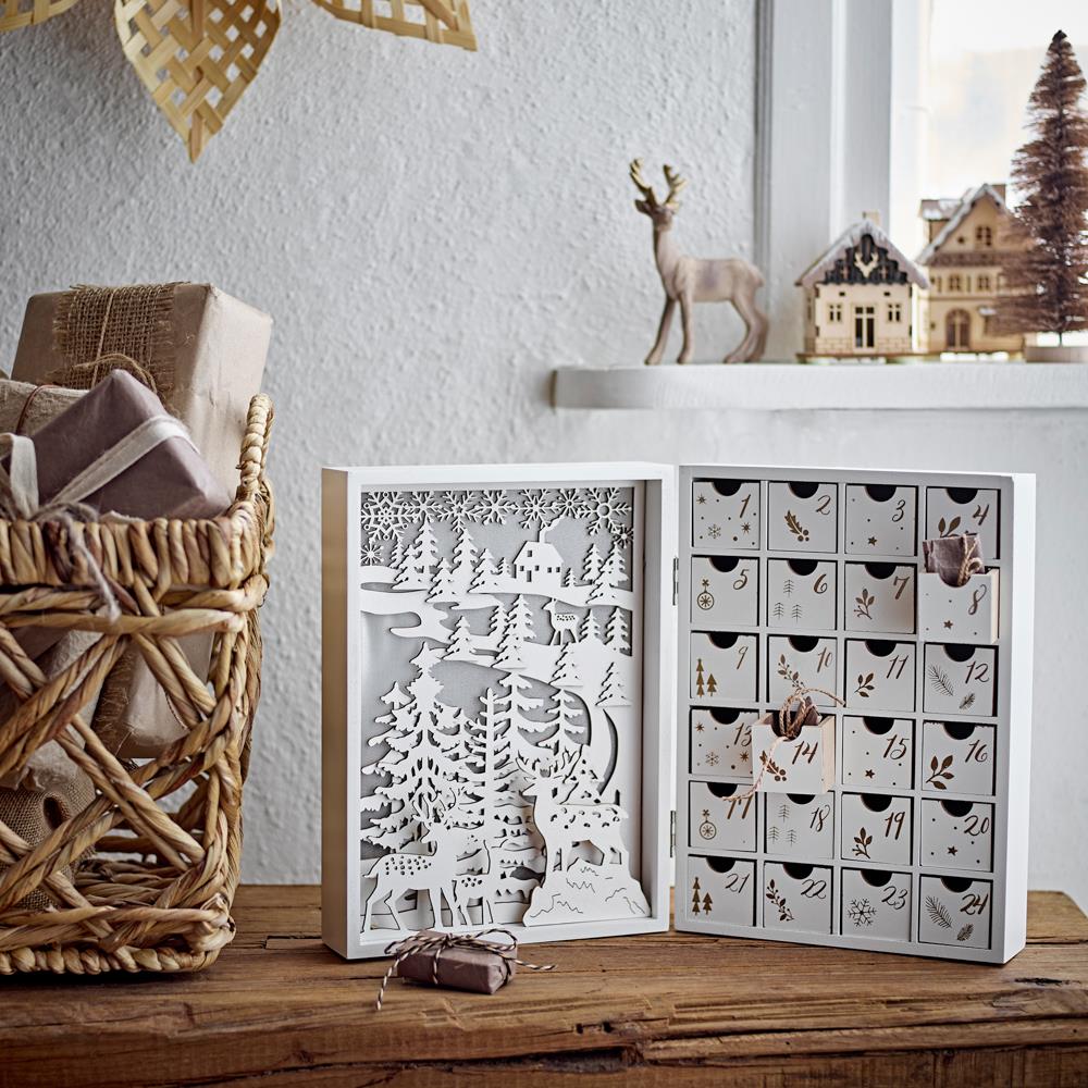 Bloomingville Elimar Adventskalender mit Licht, Weiß, Holzkalender 24 Schubladen