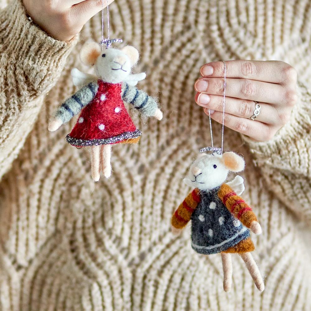 Bloomingville Peo Mäuse Engel Anhänger, Bunt, Wollfiguren 2er Set Weihnachtsdeko