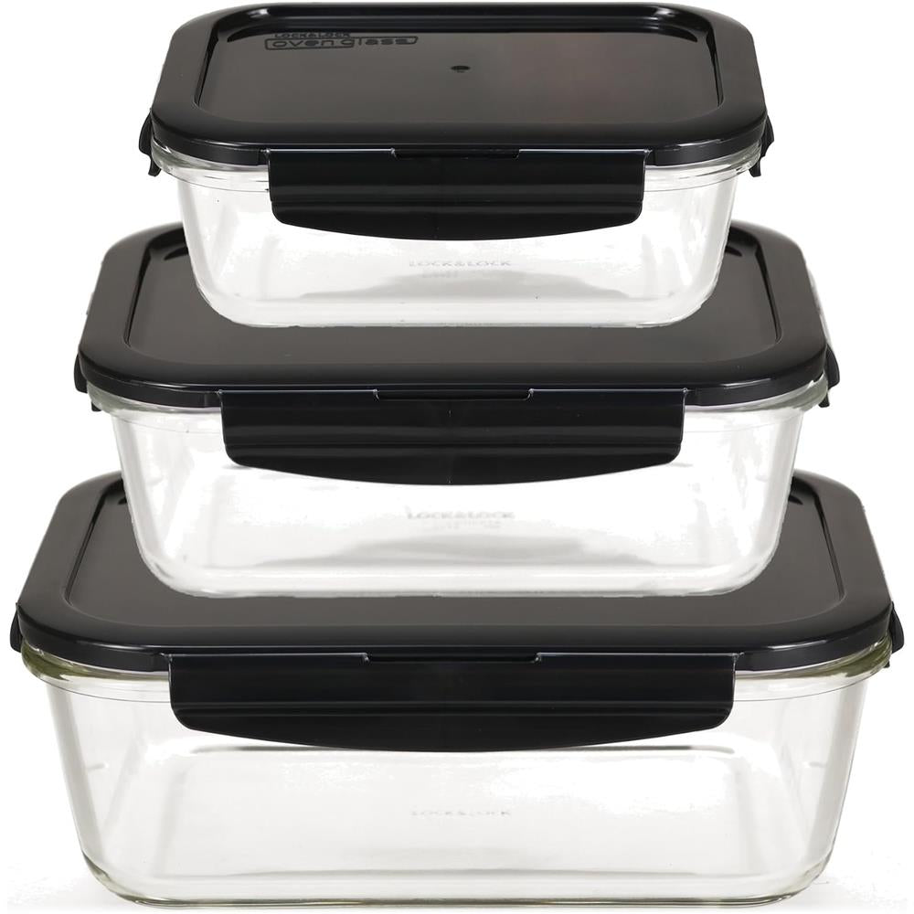 LocknLock Glas Frischhaltedosen 3er Set 630 ml, 1000 ml und 2000 ml - Ofenform mit Deckel, mikrowellengeeignet, auslaufsicher
