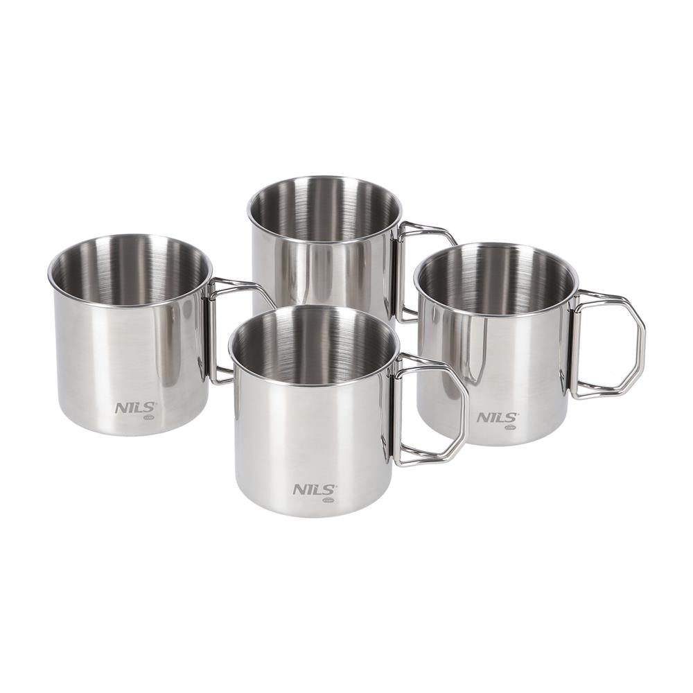NILS CAMP Edelstahl Campingbecher Set 300 ml - 4 leichte Outdoor Becher mit Klappgriff