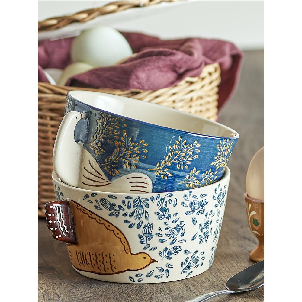 Bloomingville Hezha Schüssel in Blau, 460ml, aus Steingut mit Vogelmotiv