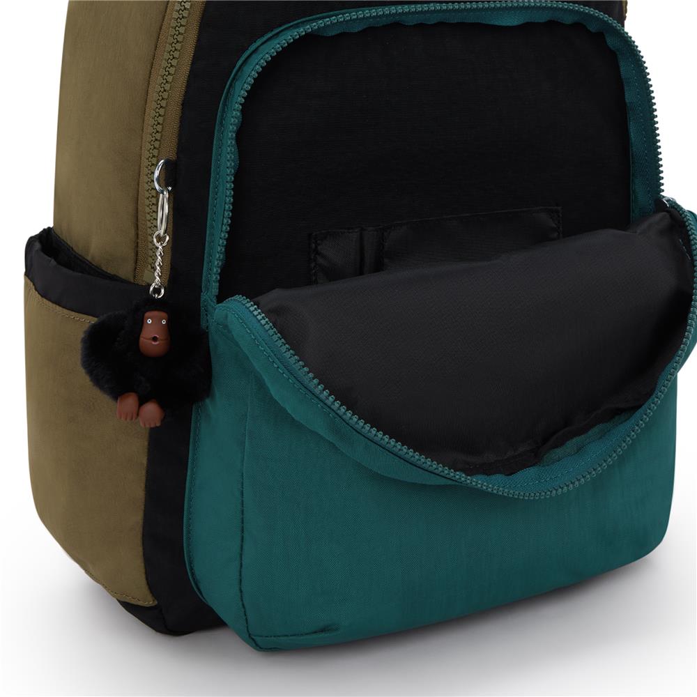 Kipling SEOUL L, Großer Schulrucksack mit 15-Zoll-Laptopfach, 27L, Black Khaki Block (grün)