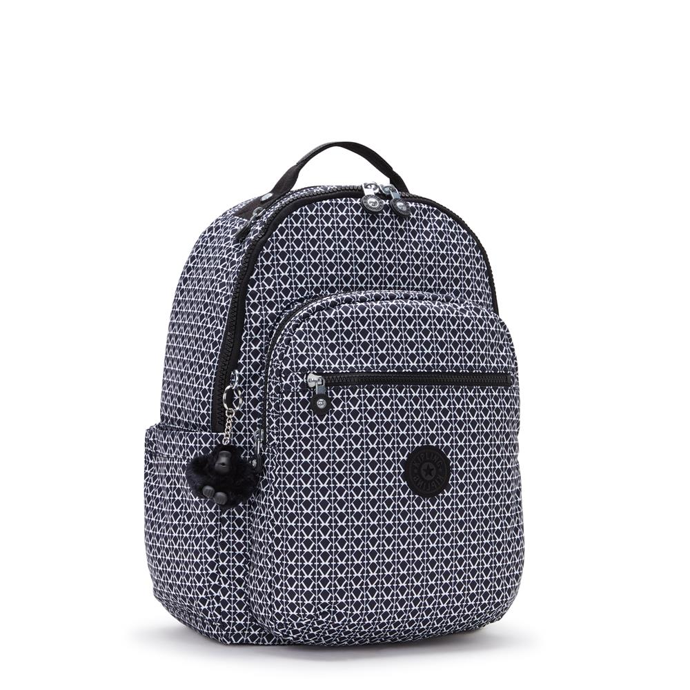 Kipling SEOUL L, Großer Schulrucksack mit 15-Zoll-Laptopfach, 27L, Signature Print (schwarz)