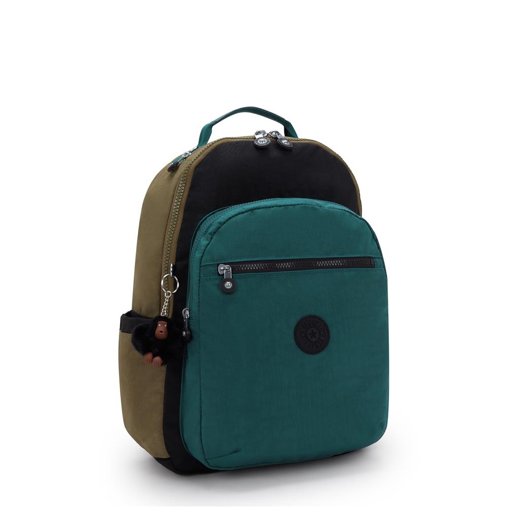 Kipling SEOUL L, Großer Schulrucksack mit 15-Zoll-Laptopfach, 27L, Black Khaki Block (grün)