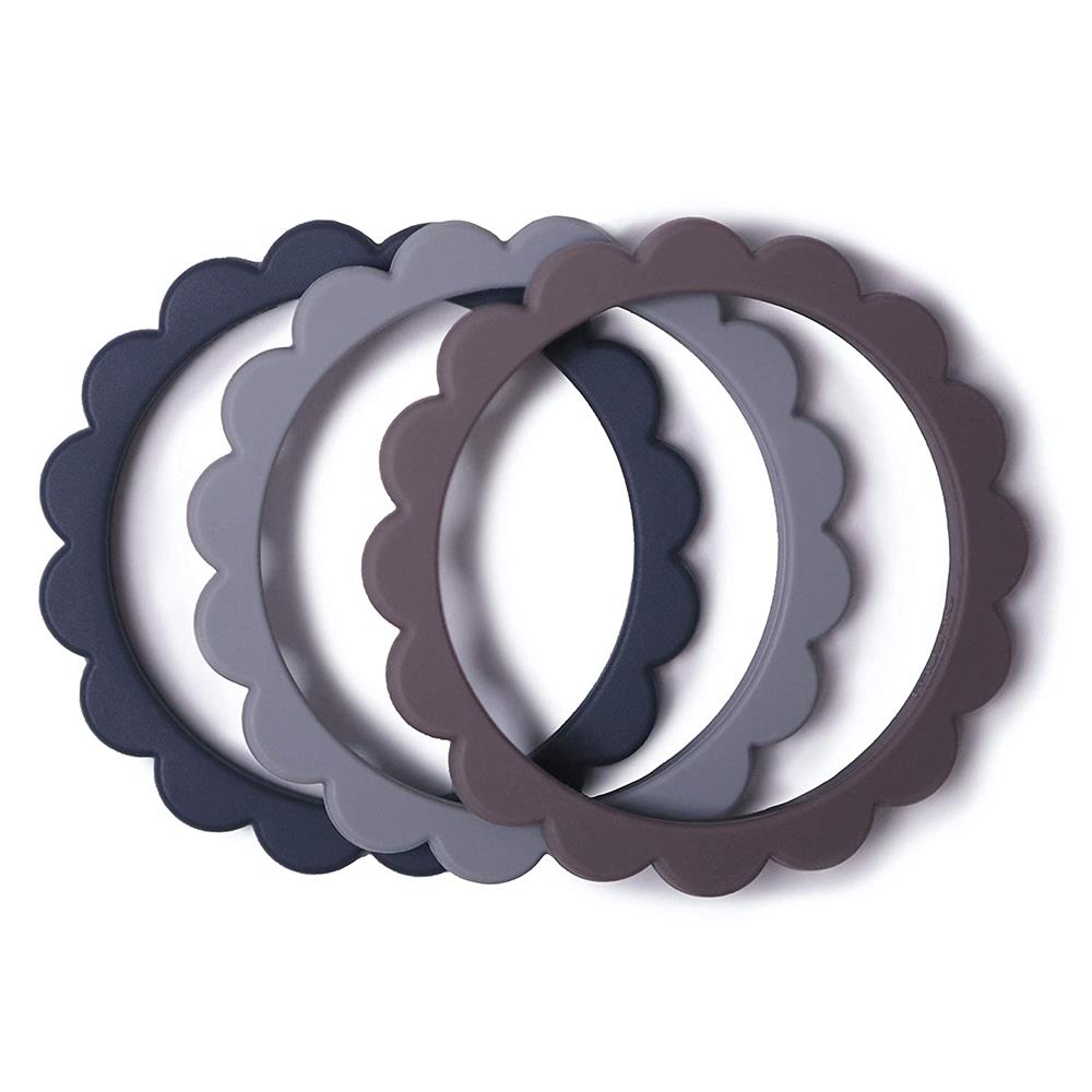 Mushie Beißring Blumen 3er Set, Steel/Dove Gray/Stone, Armband aus Silikon, BPA-frei