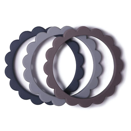 Mushie Beißring Blumen 3er Set, Steel/Dove Gray/Stone, Armband aus Silikon, BPA-frei