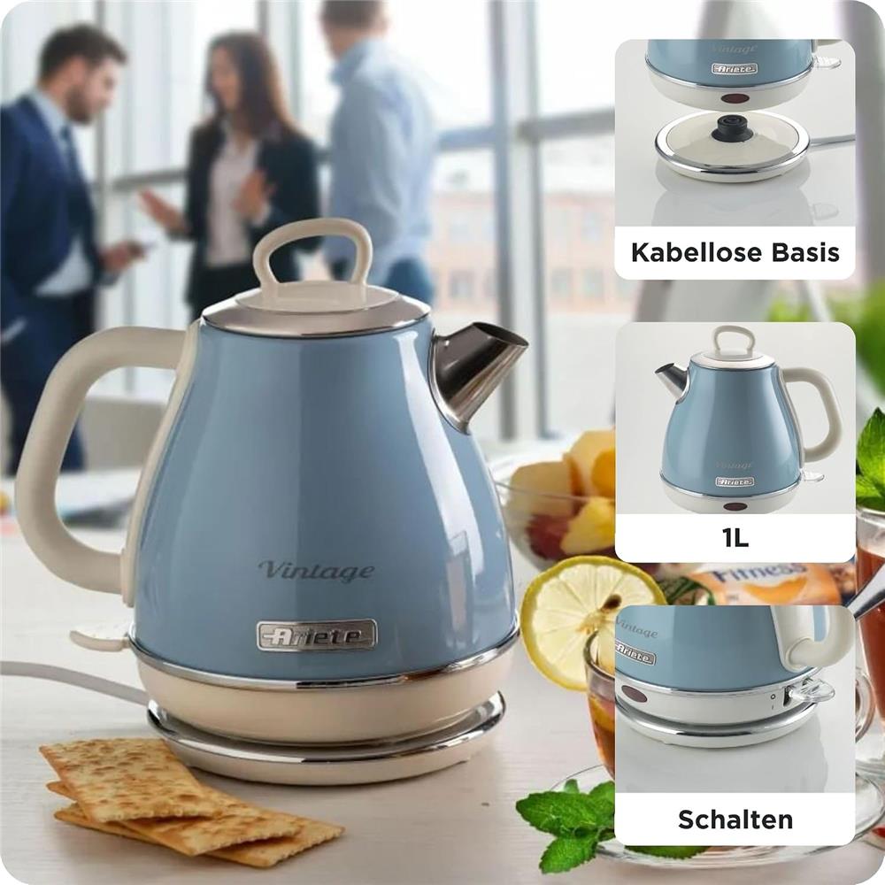 Ariete Vintage Wasserkocher, Blau, 1L Edelstahlkessel, 1630W, Elegantes Retro-Design