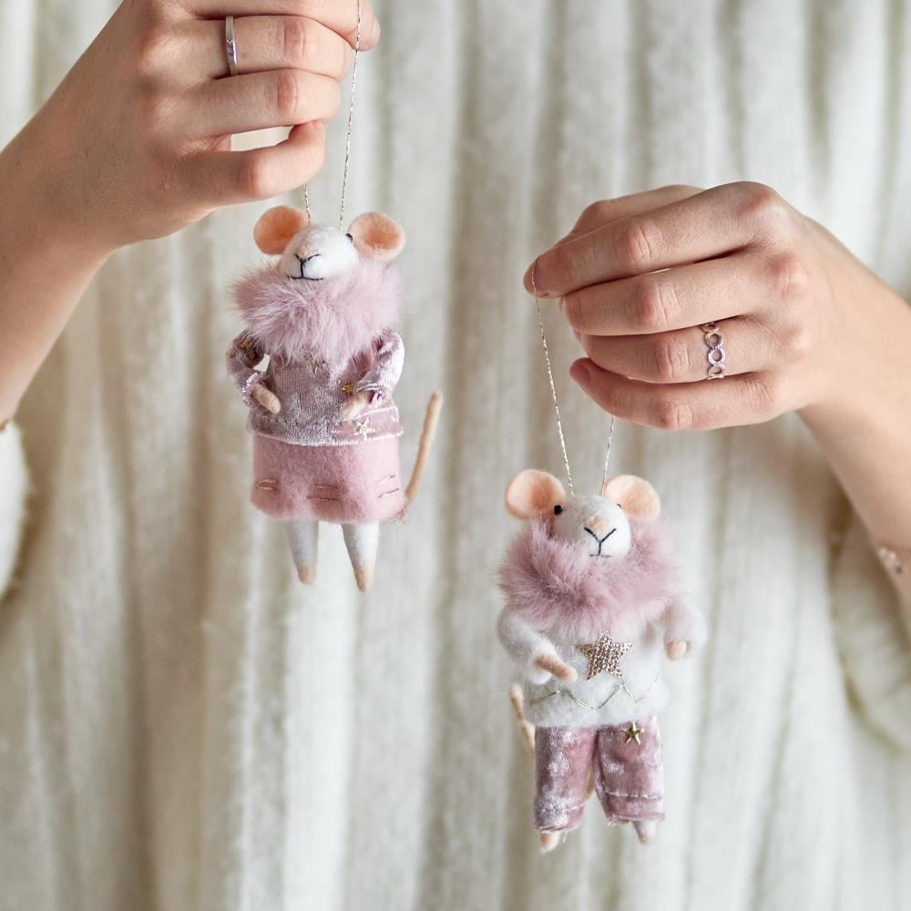 Bloomingville Peo Mäuse Anhänger, Rosa, Wollfiguren klein 2er Set Weihnachtsdeko
