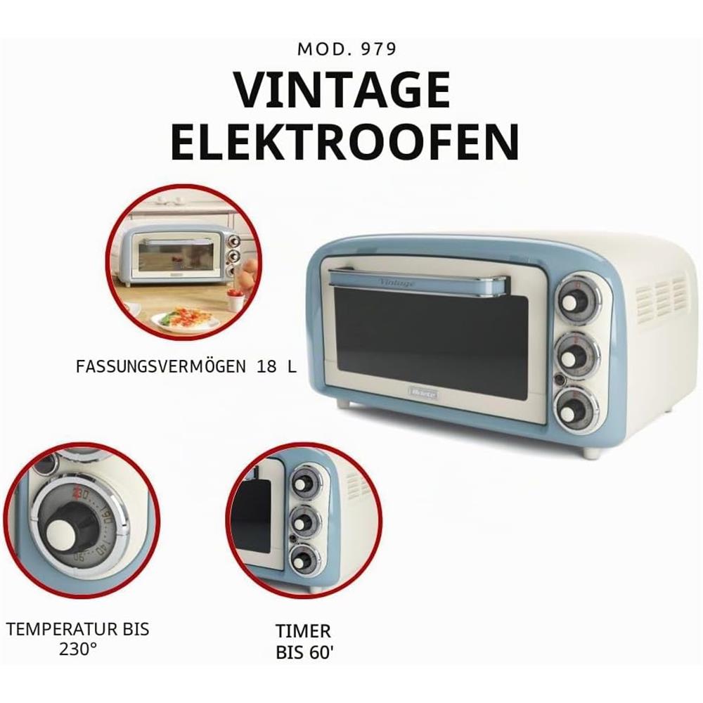 Ariete Vintage Mini Backofen, Blau, 18L Elektrobackofen im Retro-Design, 1380W, 230°C