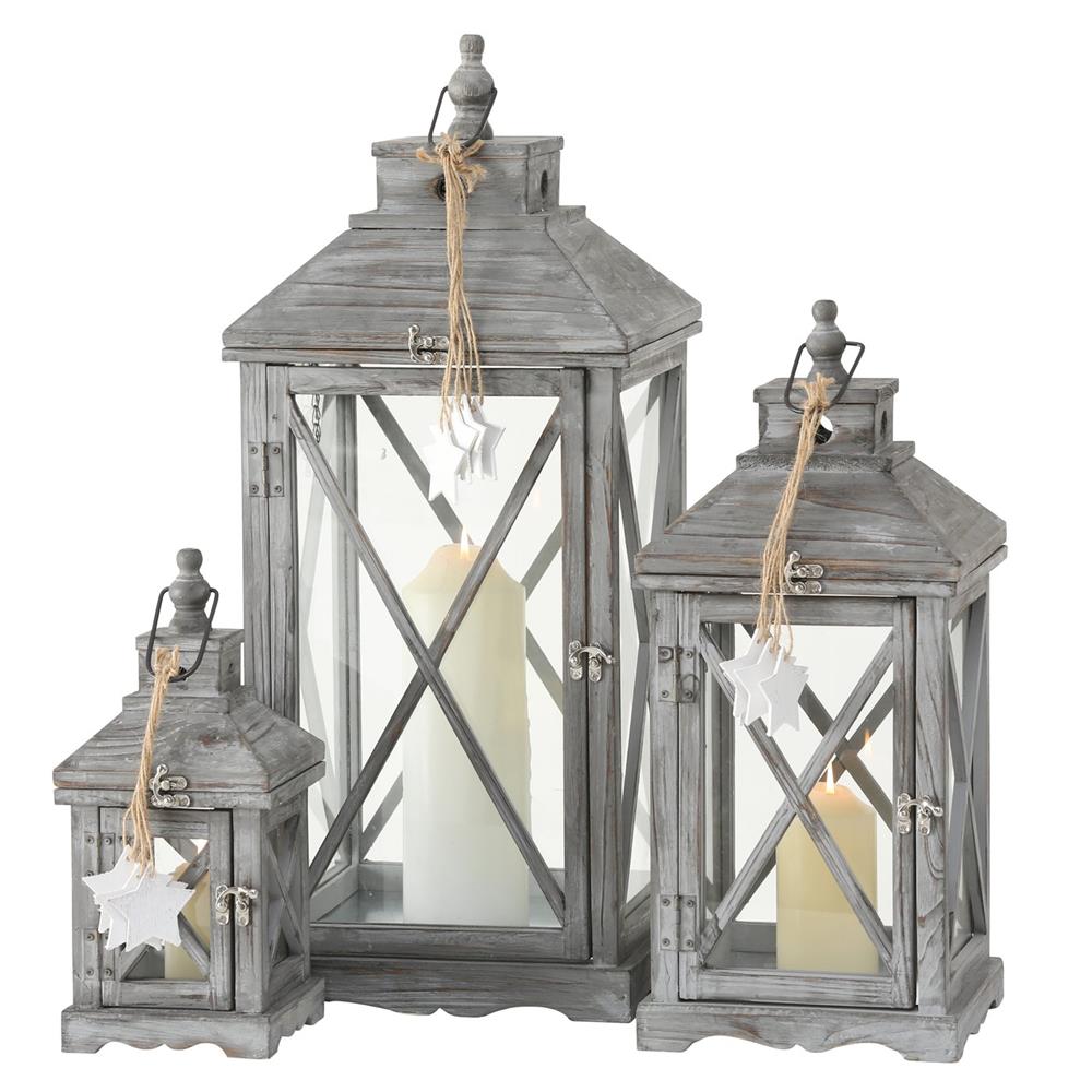 BOLTZE Laterne Grammy – 3er Set aus Holz, Glas & Jute, quadratisch, grau, 32–68 cm Höhe