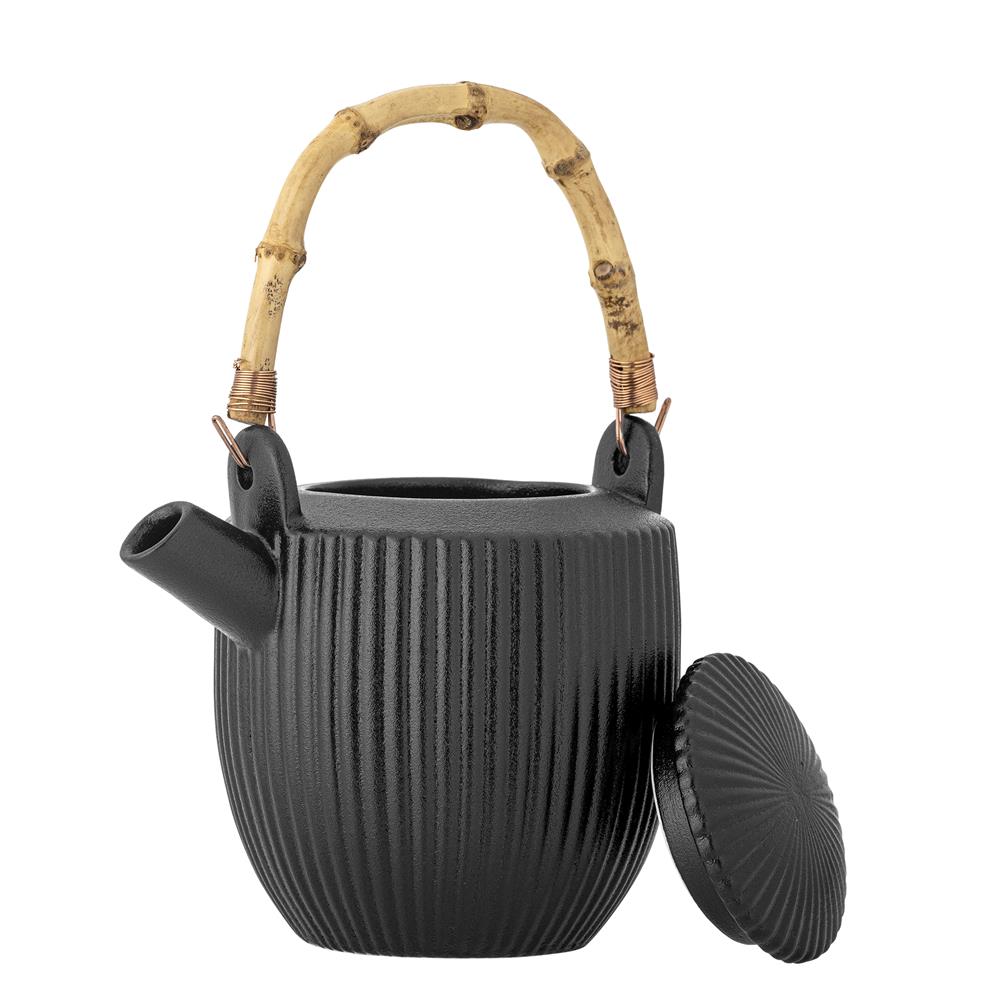 Bloomingville Neri Teekanne Schwarz – Steingut, 850 ml, Bambusgriff, skandinavisches Design mit Rillenstruktur