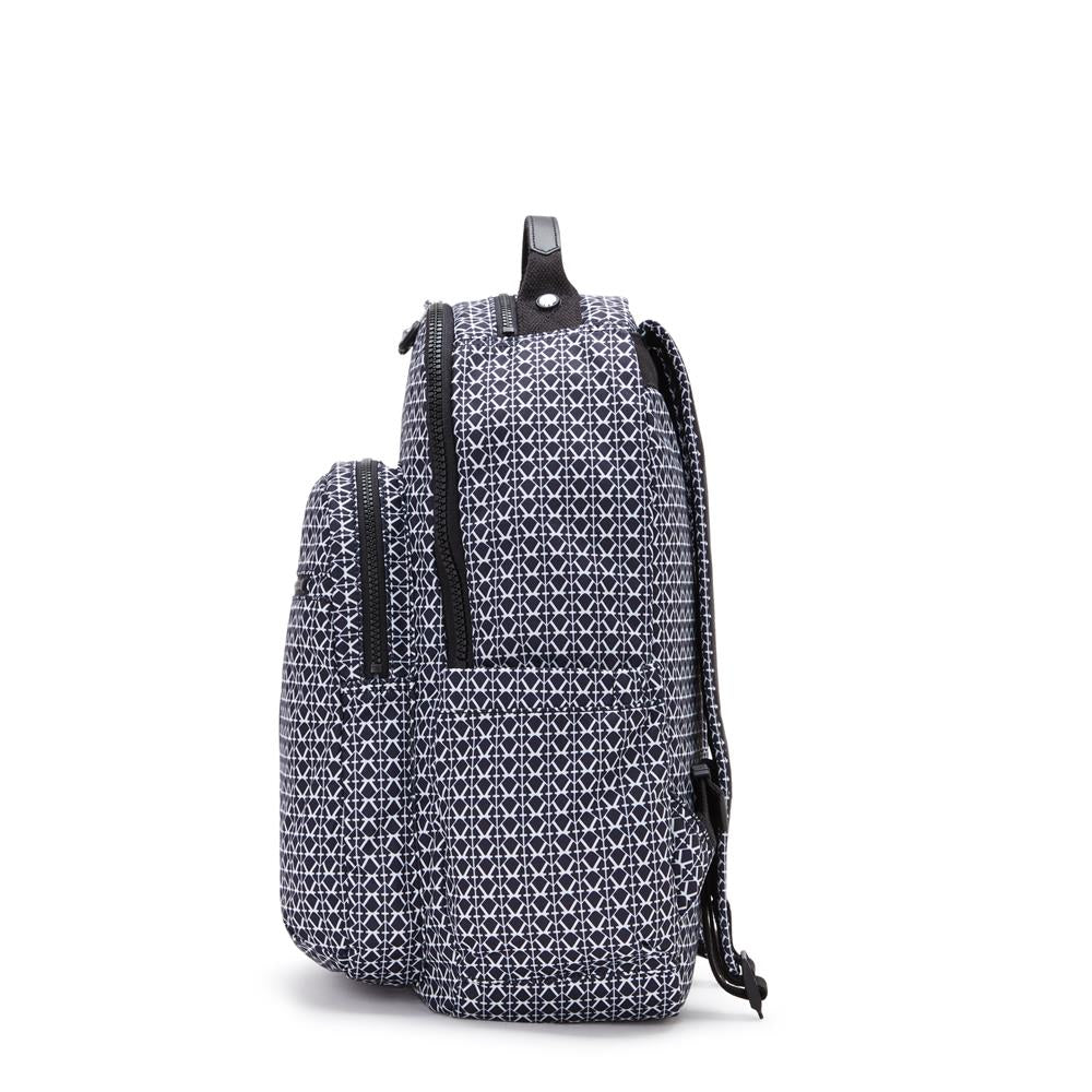 Kipling SEOUL L, Großer Schulrucksack mit 15-Zoll-Laptopfach, 27L, Signature Print (schwarz)