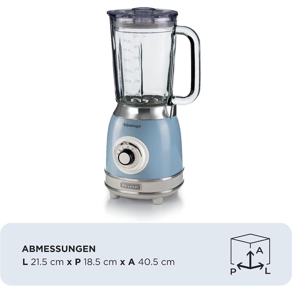 Ariete Vintage Standmixer, Blau, Glasbehälter 1,5L, Smoothie Maker, 1000W