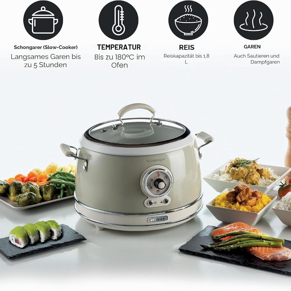 Ariete Vintage Reiskocher, Beige, 3,5L, Slow Cooker, Dampfgarer, 5 Programme, Keramikschüssel
