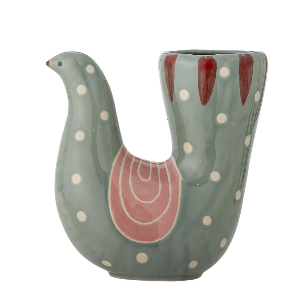 Bloomingville Trudy Vase Grün Steingut L19xH19xW7,5 cm – handbemalte Vogelvase