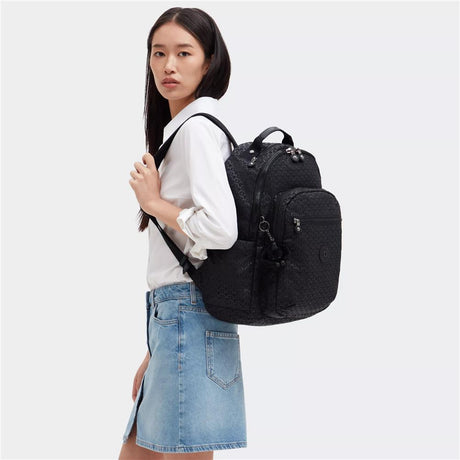 Kipling SEOUL L, Großer Schulrucksack mit 15-Zoll-Laptopfach, 27L, Signature Emb (schwarz)