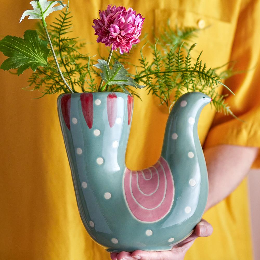 Bloomingville Trudy Vase Grün Steingut L19xH19xW7,5 cm – handbemalte Vogelvase