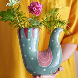 Bloomingville Trudy Vase Grün Steingut L19xH19xW7,5 cm – handbemalte Vogelvase