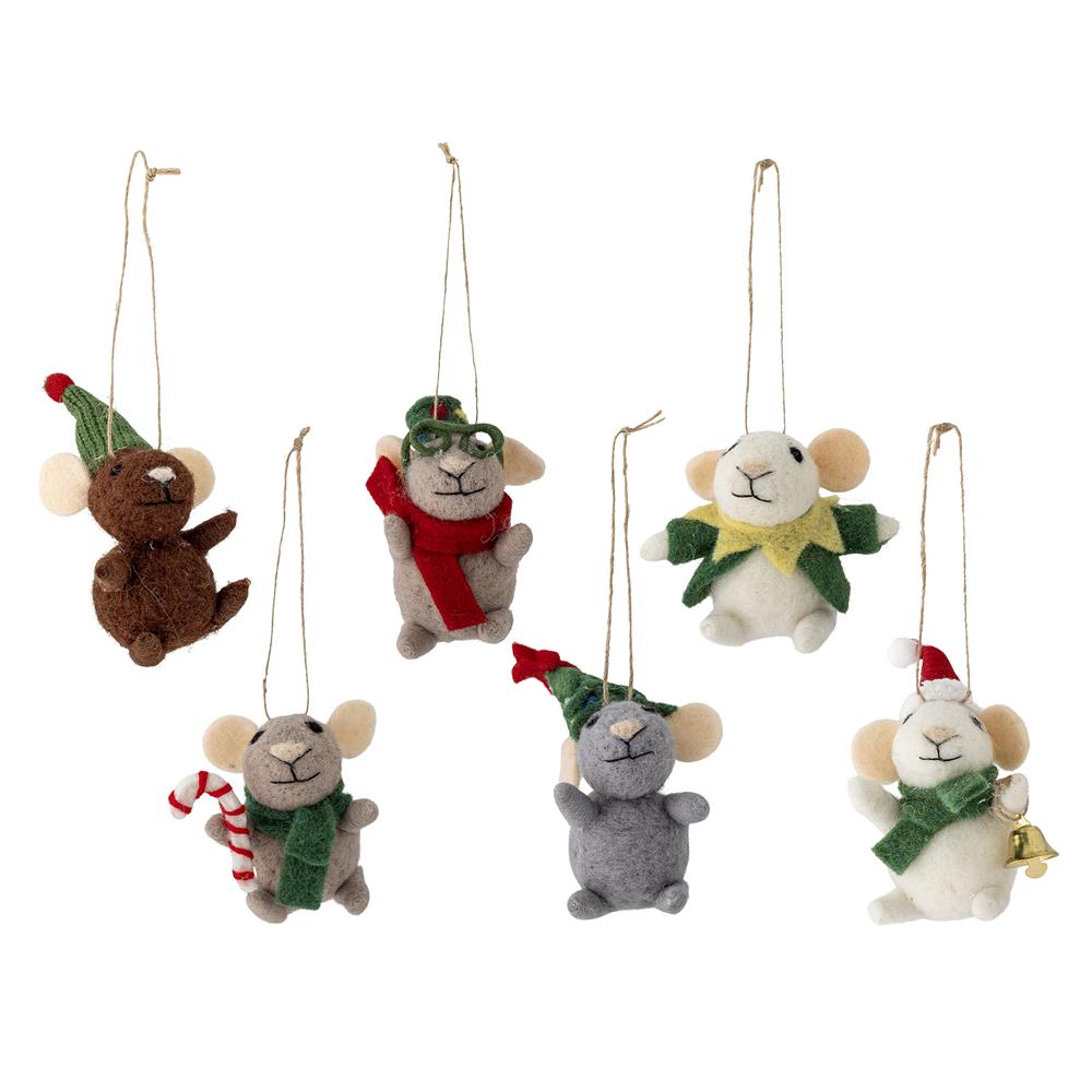 Bloomingville Peo Weihnachtsanhänger Grün Wolle 6er Set Mäuse Christbaumschmuck