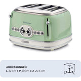Ariete Vintage Toaster, Grün, 4-Scheiben-Toaster mit 6 Bräunungsstufen, 1600W
