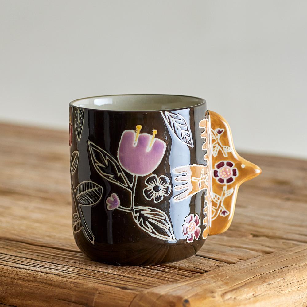 Bloomingville Vivielle Tasse 4er Set 325 ml D8,5 cm braun - Steinguttassen mit Vogelhenkel für Küche