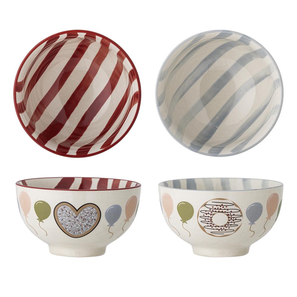 Bloomingville MINI Darby Schalen mit Streifen und Ballons, Steingut, 2er Set, Kinderschüsseln