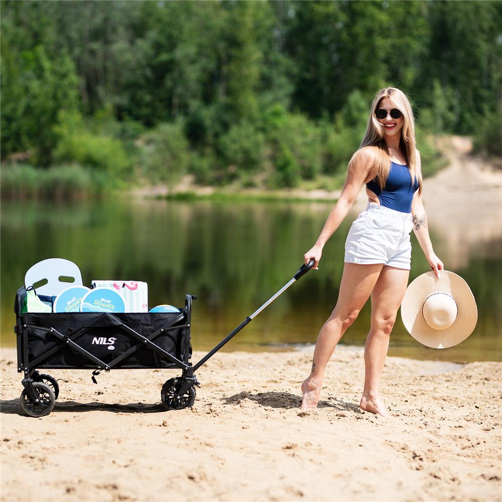 NILS CAMP Bollerwagen faltbar 160L in Schwarz - Campingwagen für Strand & Garten