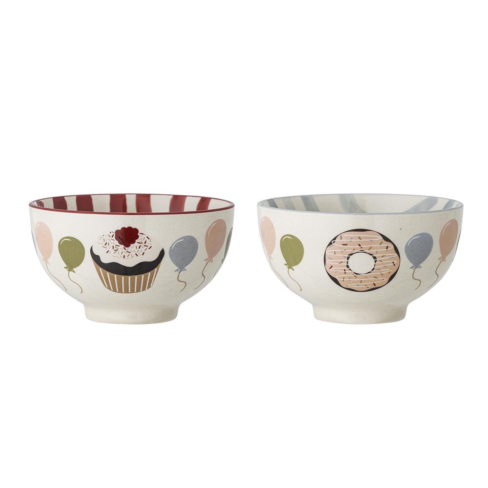 Bloomingville MINI Darby Schalen mit Streifen und Ballons, Steingut, 2er Set, Kinderschüsseln