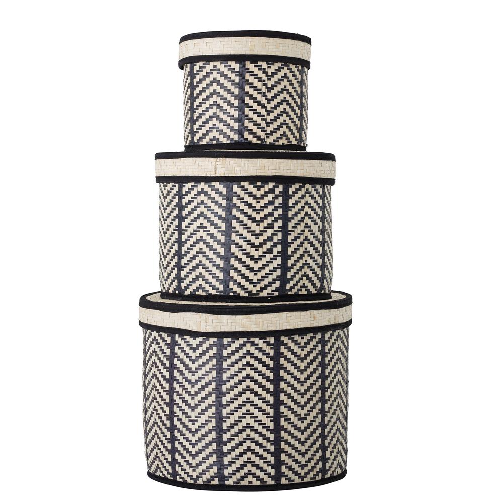 Bloomingville Islim Korb mit Deckel 3er Set Schwarz Palmblatt 30 x 25 cm