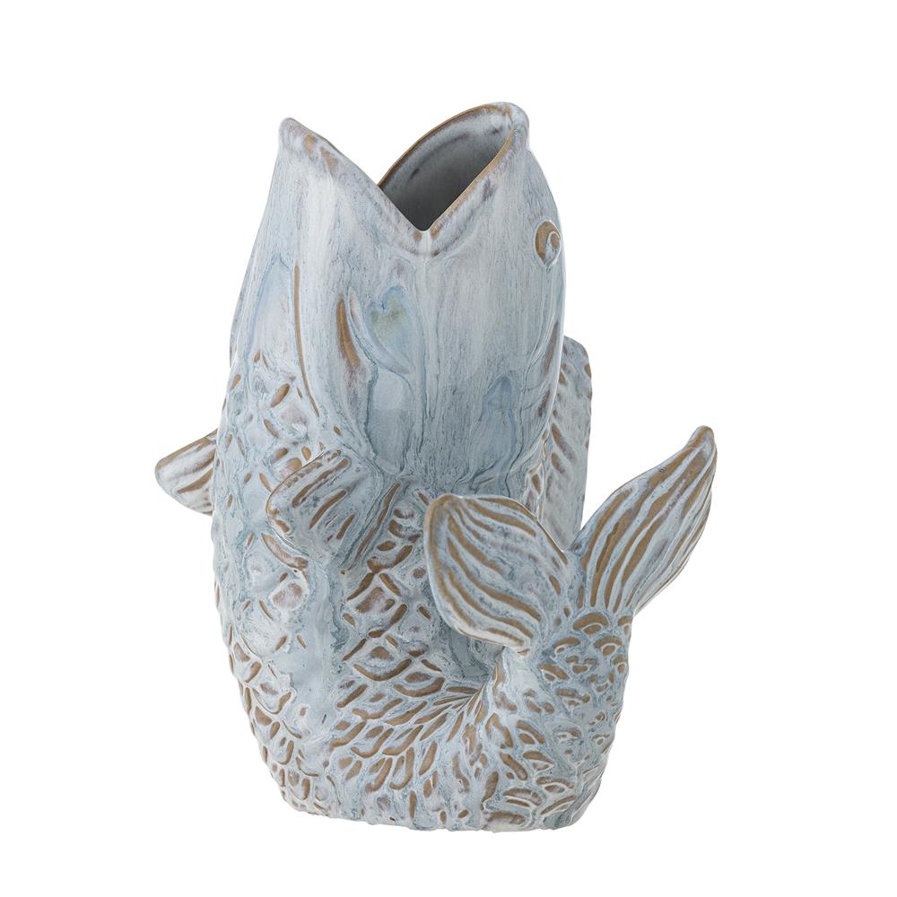 Bloomingville Hiro Vase Blau Steingut Fischform Landhausstil 21cm